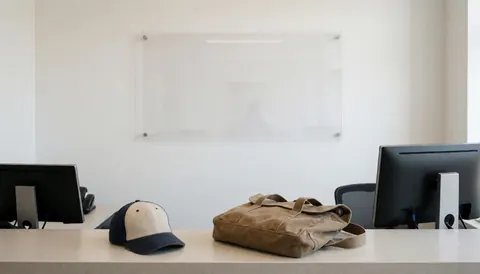 A reception desk with a hat and bag, computers, and a white wall, suitable for an adventure park.