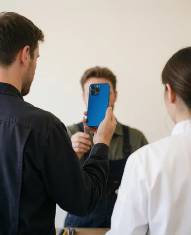 Satisfied customer holding a blue mobile phone with a new screen in a repair shop, with the technician working in the background.