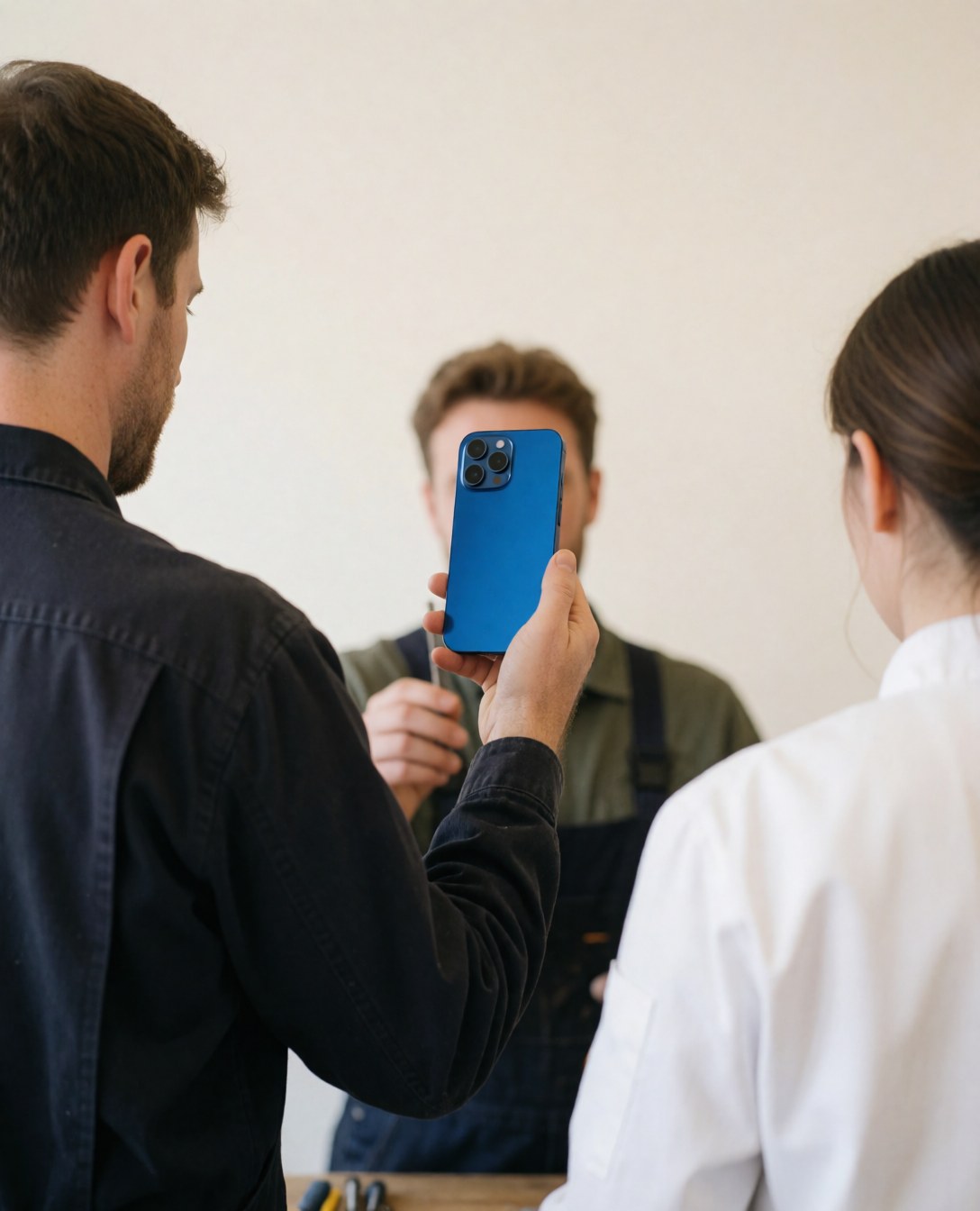 Satisfied customer holding a blue mobile phone with a new screen in a repair shop, with the technician working in the background.