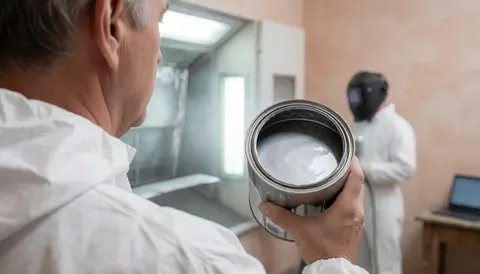 Painter in white suit holds metallic paint can near spray gun in auto body shop