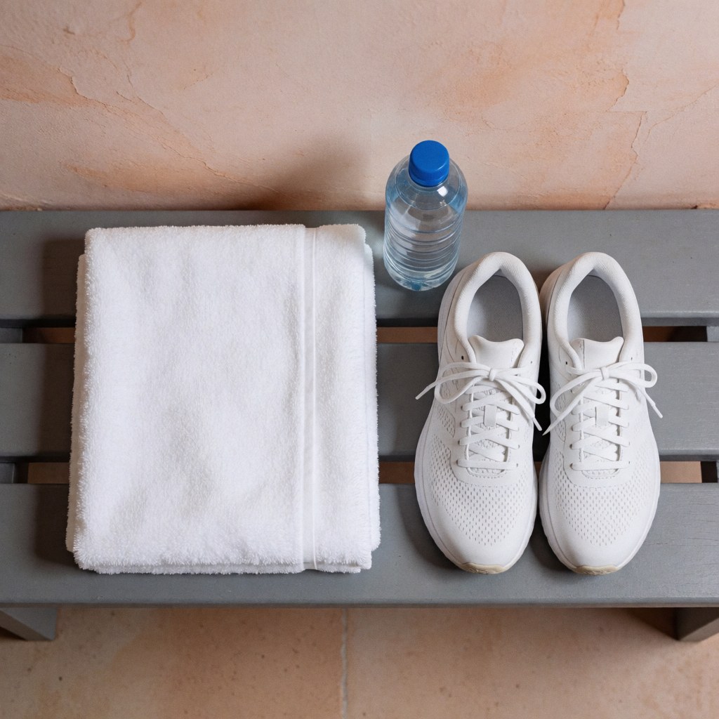 White towel, athletic shoes, and water bottle on a gray bench in a locker room with pale terracotta walls, ready for training.
