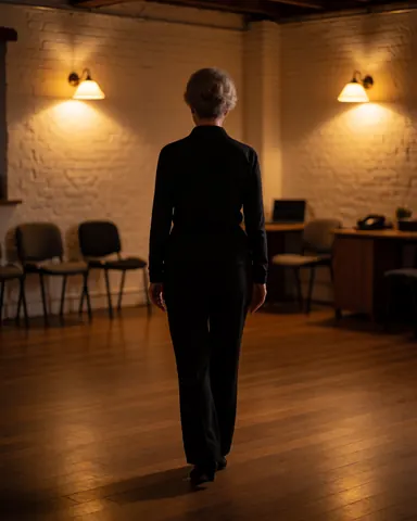 A woman viewed from behind dancing in a tango studio with white brick walls, polished wood floors, and rows of chairs under warm lighting.