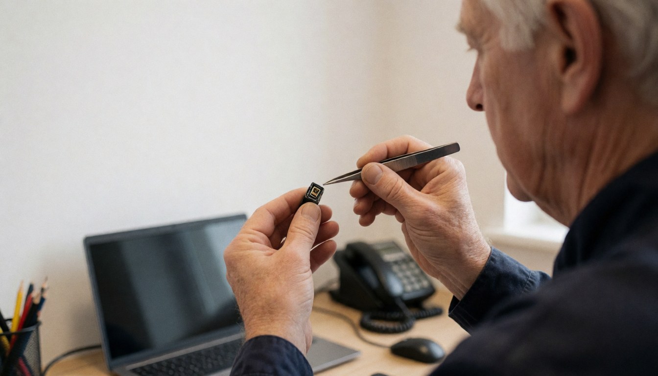 Close-up of technician using tweezers to repair a USB-C port on a phone during a service session