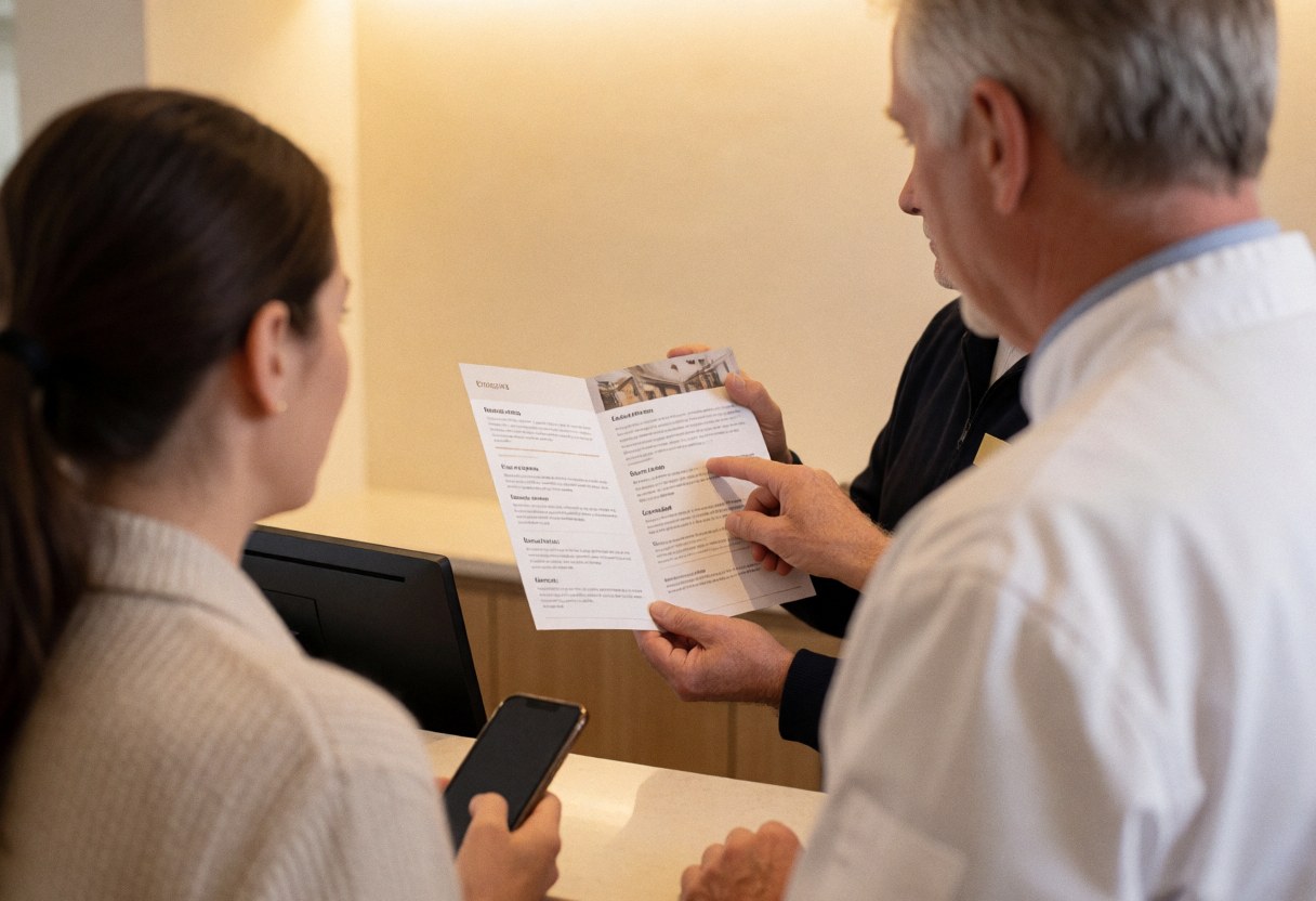 Concierge at an apartment hotel reception desk displays service details to a client using a smartphone in a warmly lit lobby with beige walls