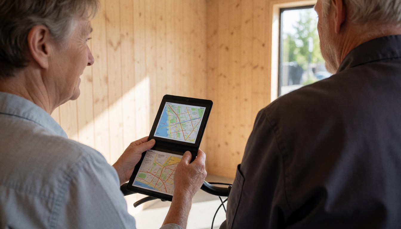 A smiling customer holding a digital map while riding a bicycle taxi near a wooden wall in a realistic urban setting
