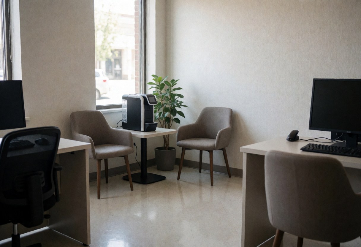 Modern computer repair shop waiting area featuring two chairs, a table with a coffee maker and a plant, illuminated by natural light from a nearby window.