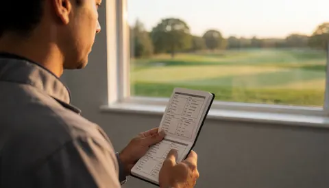Golf instructor looking out a window at the course while holding an open yardage book with warm sunset light