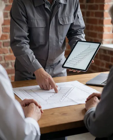 Staircase installer in gray uniform displays a stair design on a tablet and blueprint on a wooden table against an exposed brick wall.