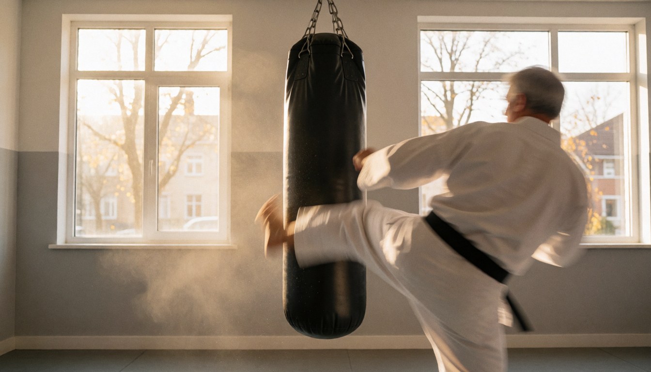 Karate instructor in white dobok with black belt practicing a kick on a black punching bag in a dojo with natural light
