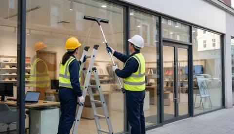 Two workers in helmets and yellow vests cleaning glass windows using a ladder and squeegee at a modern store