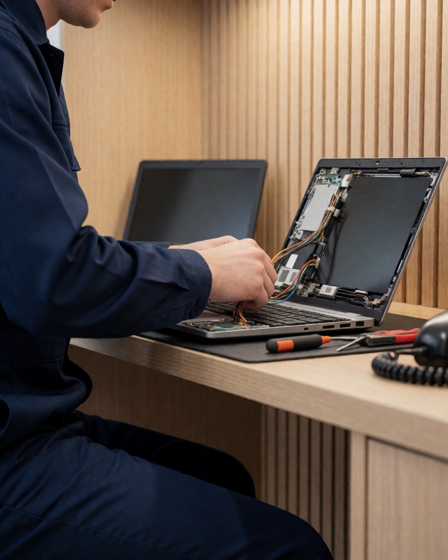 Technician in uniform repairing an open laptop with cables, tools, and wooden walls in a repair shop.