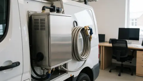 Car wash team mounted on the side of a white van with coiled high-pressure hose, set against an office background with desk and computer.