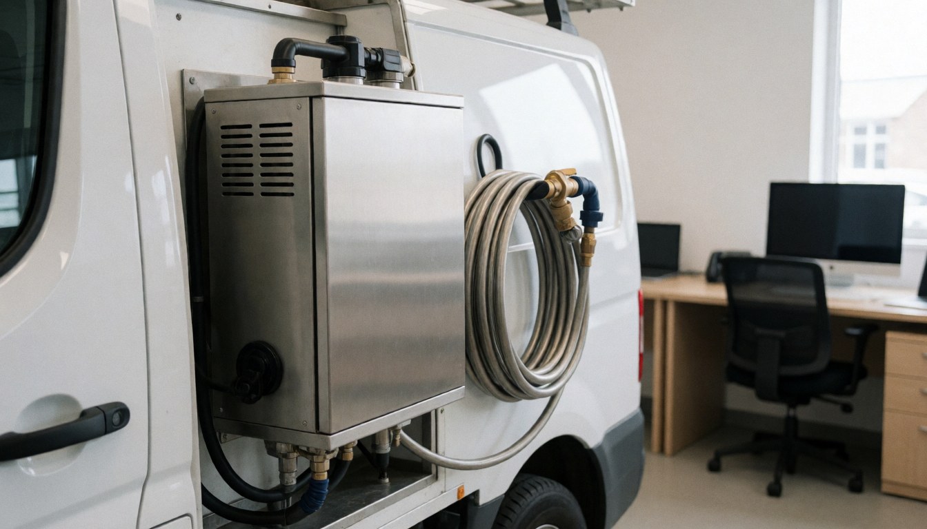 Car wash team mounted on the side of a white van with coiled high-pressure hose, set against an office background with desk and computer.