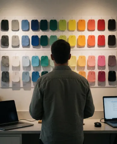 Back view of a customer choosing color swatches on a wall for event design with computers on the table