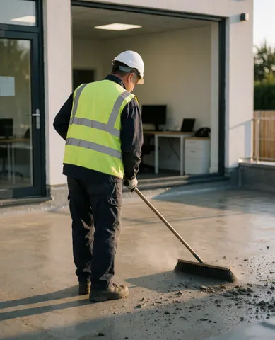 A worker in safety gear sweeps residual cement from a newly waterproofed surface at sunset.