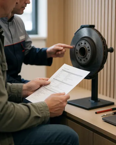 Mechanic in uniform points to a brake disc on a stand while a customer reviews a report in a clean room with wood walls.