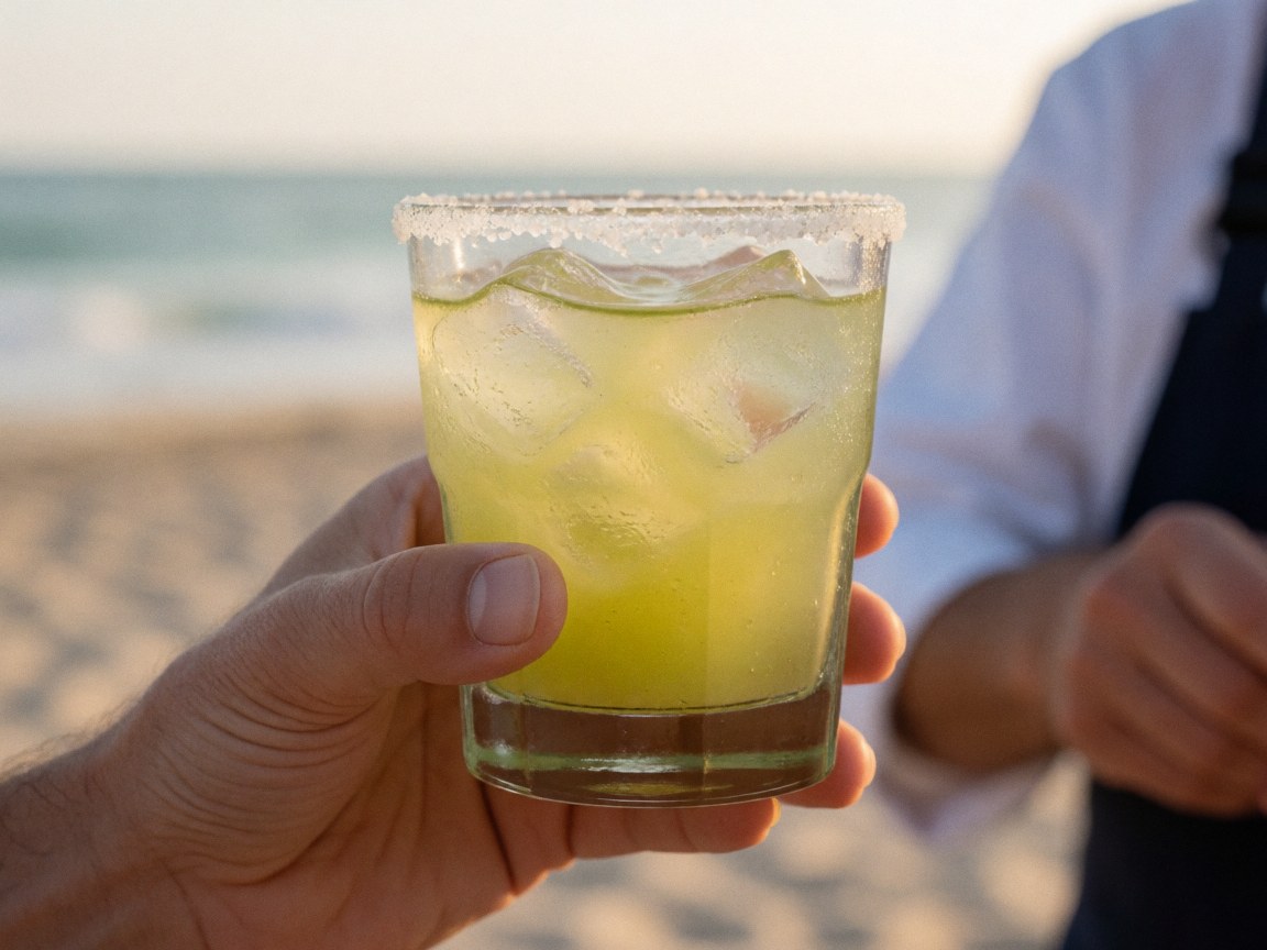 Margarita glass with salted rim held by a hand against a sunset beach background, ideal for beach club product imagery