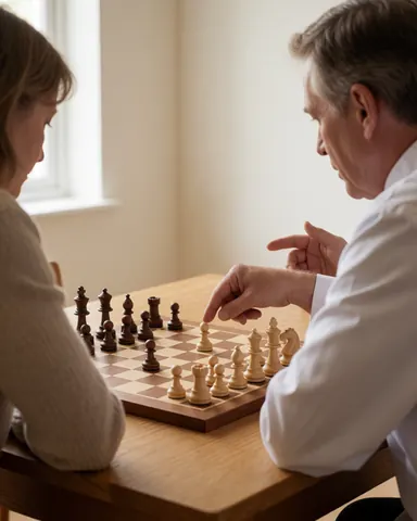 A man moves a chess pawn on a wooden board during a chess class session