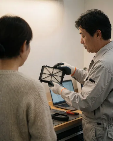 Technician displays a clean dryer filter to a customer in a workshop with white walls and a laptop.