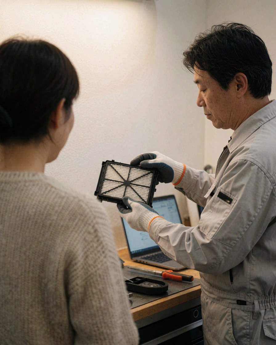 Technician displays a clean dryer filter to a customer in a workshop with white walls and a laptop.