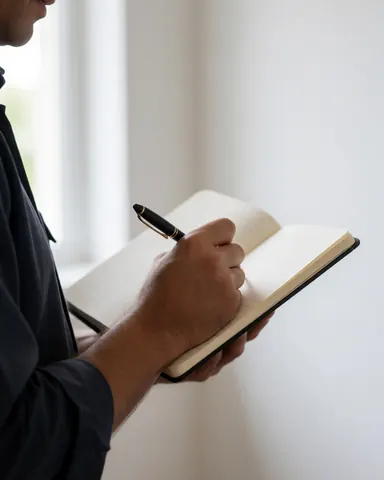 Close-up of a hand writing in a notebook with a pen against a white wall with natural light, suitable for videographers.