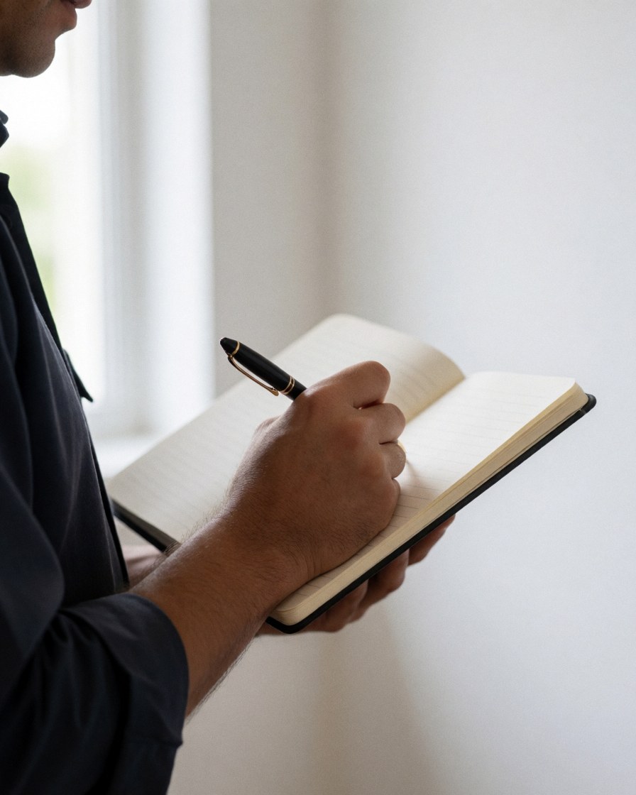 Close-up of a hand writing in a notebook with a pen against a white wall with natural light, suitable for videographers.