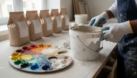 A worker mixes stucco in a bucket on a well-lit work table with pigment palette and powder bags