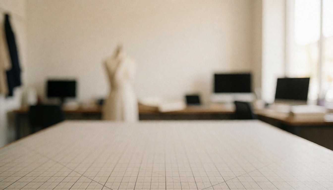 White cutting table with grid lines in a sewing workshop, featuring a mannequin and computers in the background, ideal for text overlay.