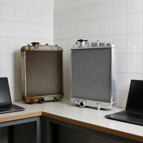 A new shiny and an old rusty radiator on a workbench in a mechanic shop with white tiled walls
