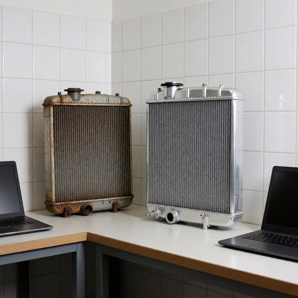 A new shiny and an old rusty radiator on a workbench in a mechanic shop with white tiled walls