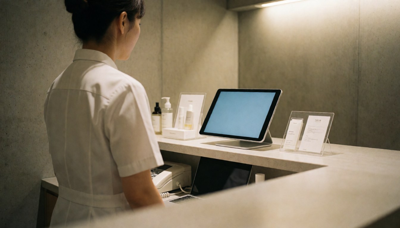 Receptionist using a tablet at an acne treatment clinic with skincare products on a concrete counter