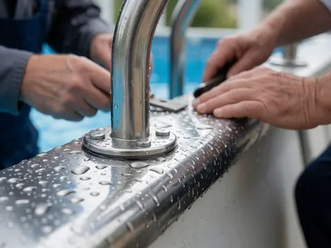 Close-up of hands installing a stainless steel pool ladder with water droplets on the metal surface near the pool wall