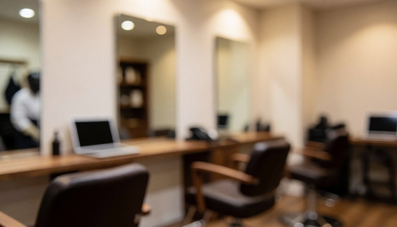 Softly blurred interior of a hair salon featuring styling chairs, wall mirrors, and work tables, providing a clean backdrop for text or business headers.