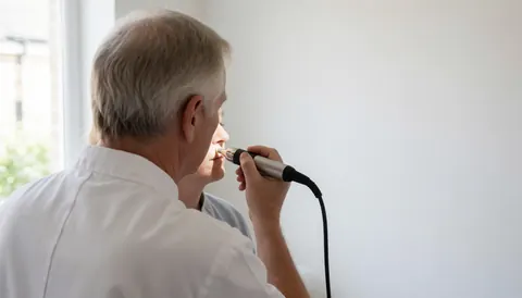 Professional performing dermabrasion on a client using a tool in a clinic with white walls and natural light