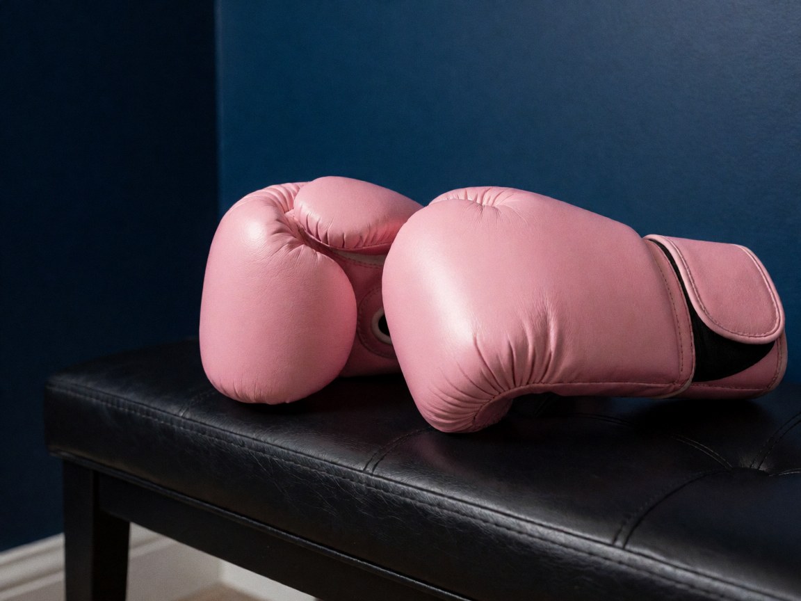 Pink boxing gloves with visible stitching rest on a black leather bench against a navy blue wall, highlighting equipment details for female boxing training.