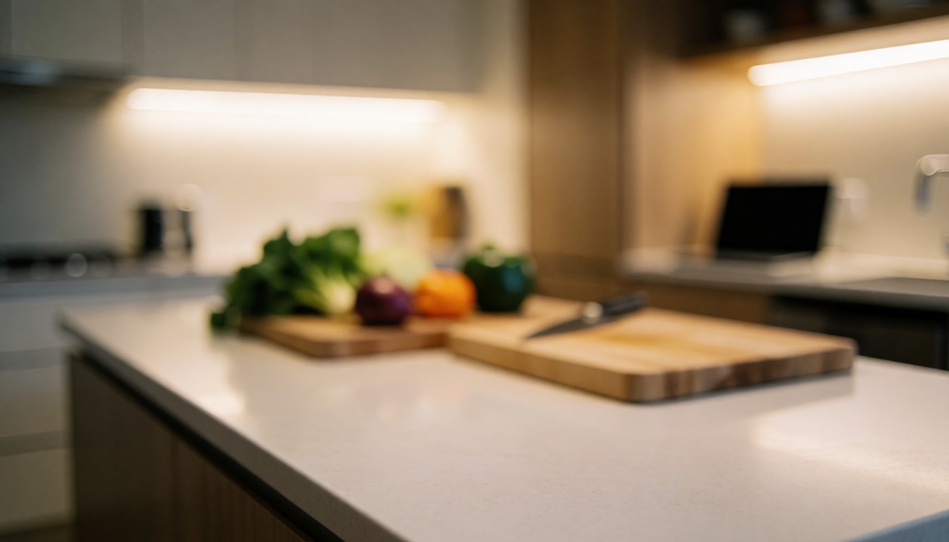 Modern kitchen background with wooden cutting boards and fresh vegetables, suitable for nutrition and coaching service text overlays