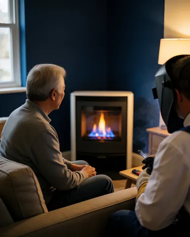 Satisfied client seated on sofa viewing blue flame of new gas unit with technician nearby in blue room