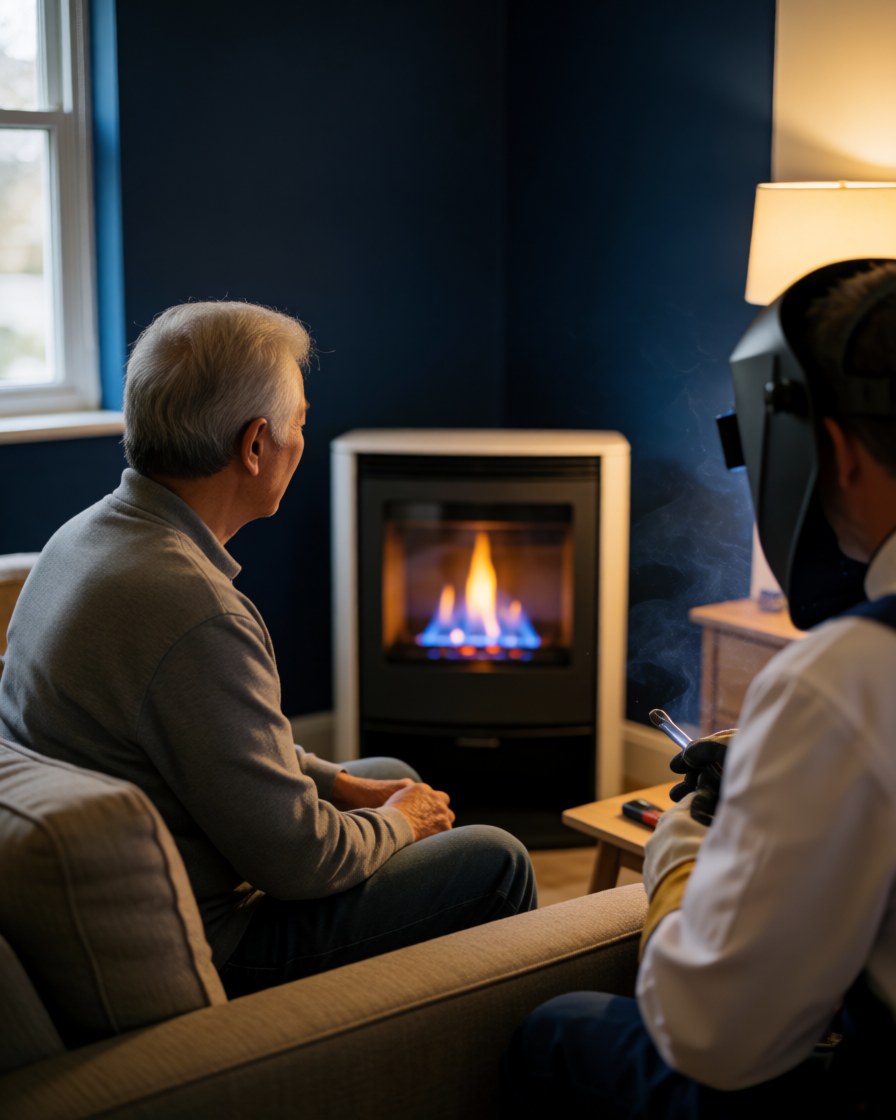Satisfied client seated on sofa viewing blue flame of new gas unit with technician nearby in blue room