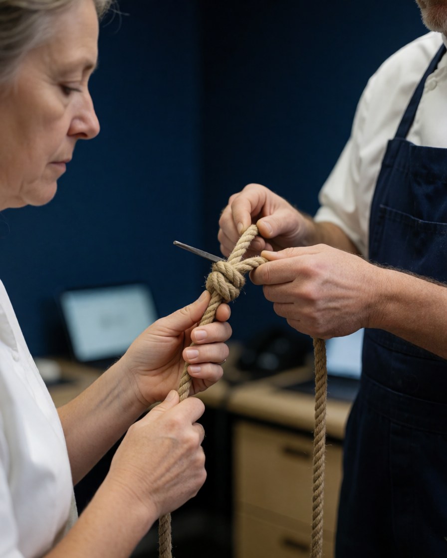 Close-up of a climbing coach's hands tying a secure knot in a climbing rope during a training session.