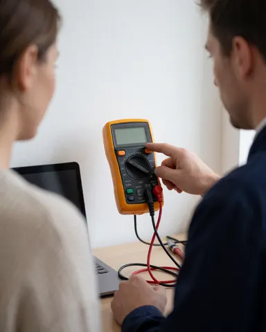 Motorcycle mechanic displays multimeter reading to a customer in a workshop with white walls and a workbench