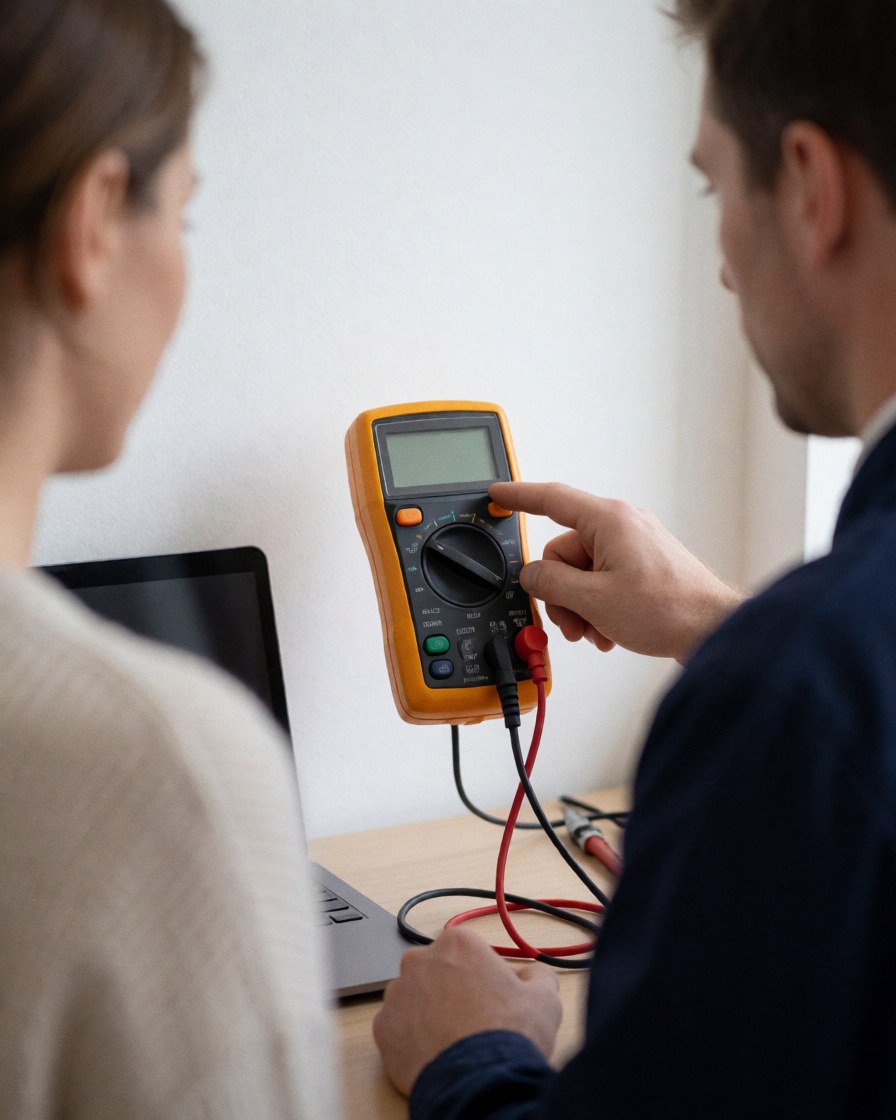 Motorcycle mechanic displays multimeter reading to a customer in a workshop with white walls and a workbench