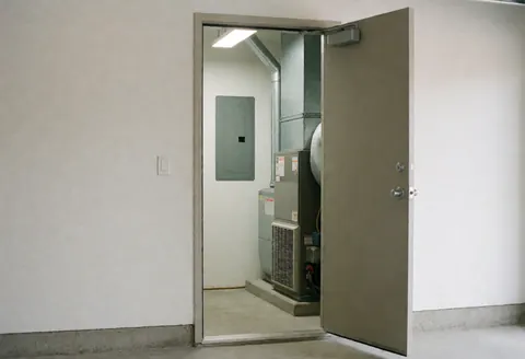 Open metal door revealing a technical room with air conditioning, electrical panel, and metal ducts for heating repair services