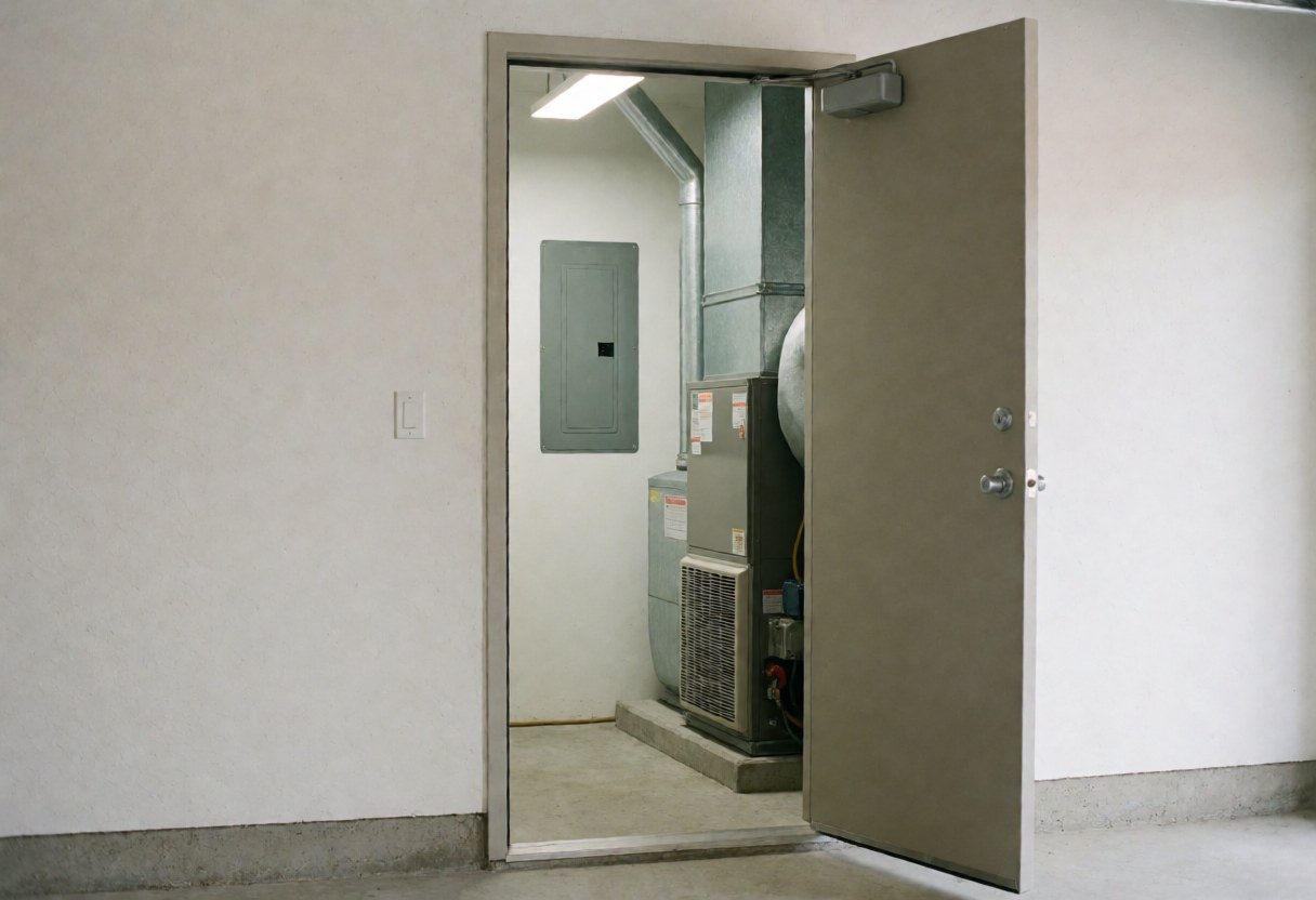 Open metal door revealing a technical room with air conditioning, electrical panel, and metal ducts for heating repair services