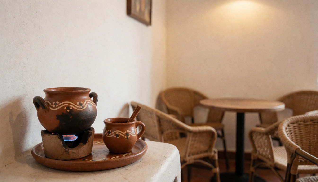 Clay pot on fire with coffee cup and cinnamon in cozy cafe with wicker chairs and warm walls