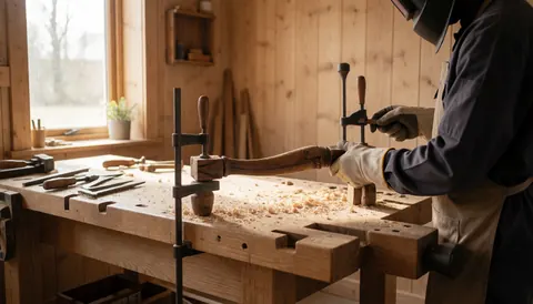 Carpenter wearing gloves working on an antique chair in a wood workshop with tools and natural light