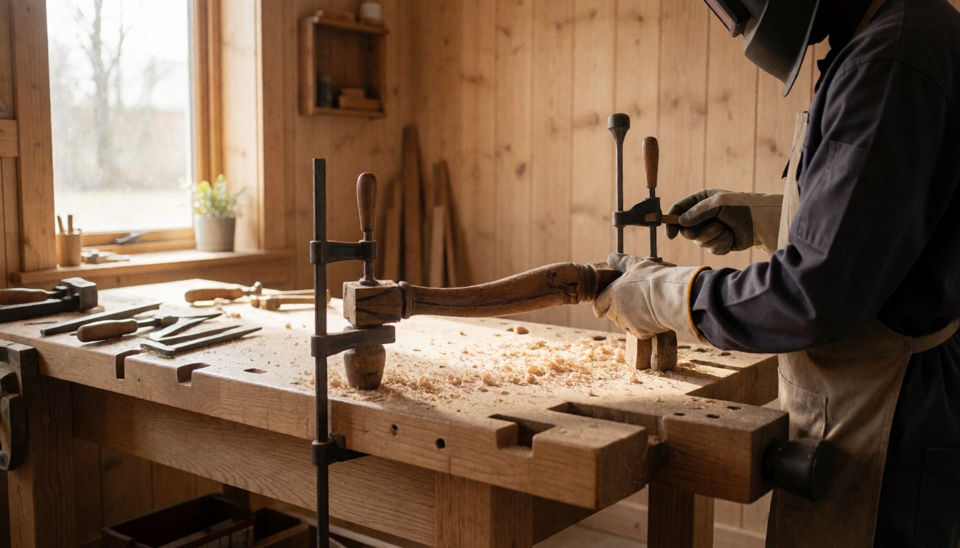 Carpenter wearing gloves working on an antique chair in a wood workshop with tools and natural light