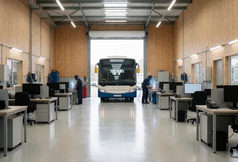 Technician welding the metal frame of a tour bus inside a bright, modern workshop with light wood walls and polished floors.