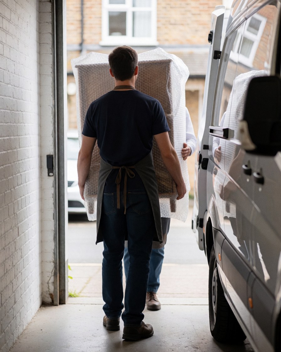 Upholsterer in apron loading furniture wrapped in bubble wrap into a cargo van at a workshop with white brick wall.