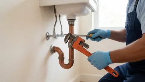 Plumber wearing blue gloves uses an orange pipe wrench to adjust a copper pipe under a white faucet against a light wall
