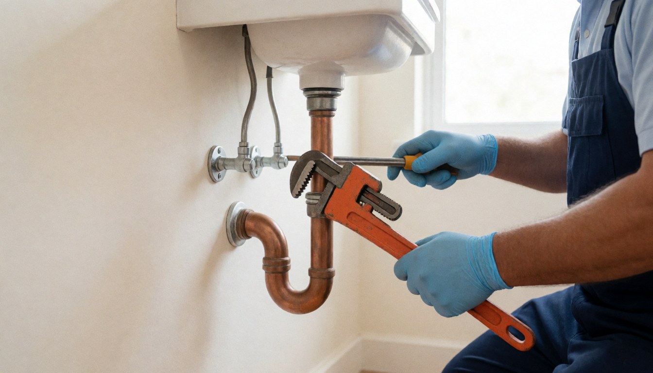 Plumber wearing blue gloves uses an orange pipe wrench to adjust a copper pipe under a white faucet against a light wall